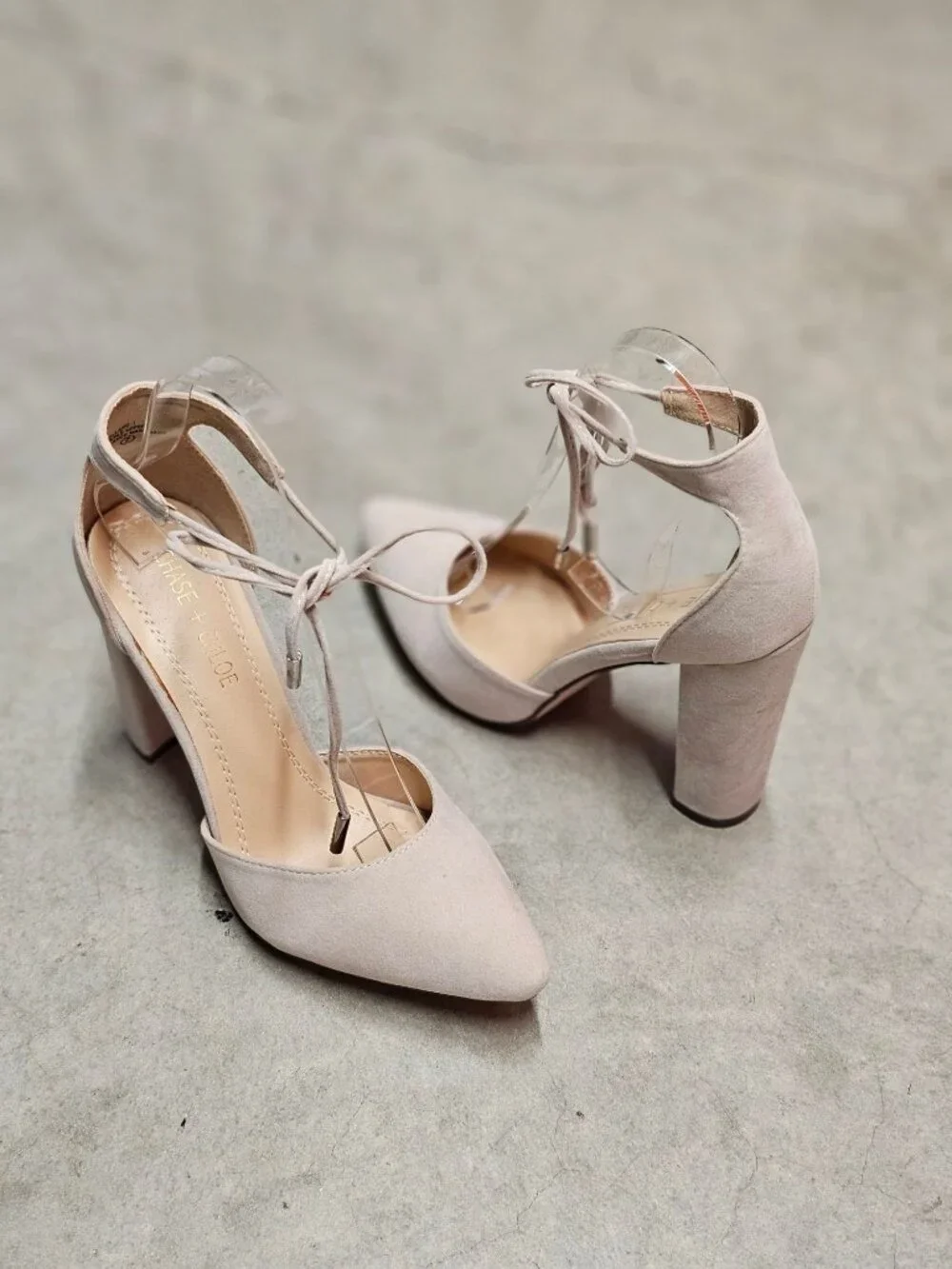 Ankle Strap Block Heel Suede Pumps In Nude Beige For Women